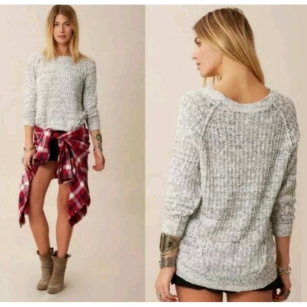 Free People Marled Knit Oversized Sweater Medium Grey White Scoop Neck Pullover